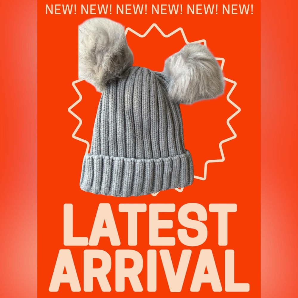 Gray Knit Kids Hat with Pom Poms
